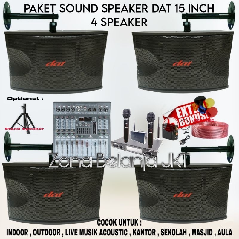 PAKET SOUND SYSTEM INDOOR OUTDOOR SPEAKER DAT 15 INCH 4 SPEAKER POWER MIXER 6 CHANNEL USB BLUETOOTH 