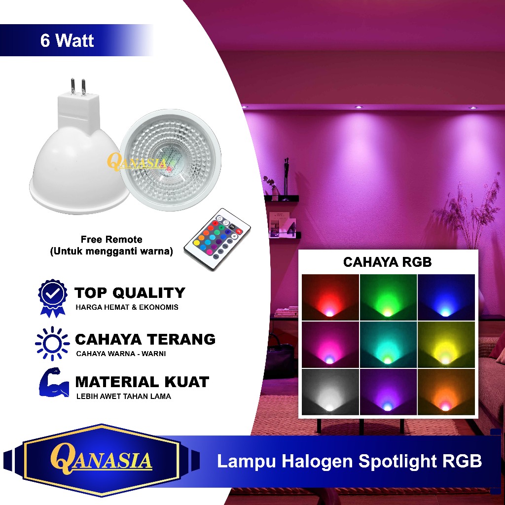 Lampu Sorot LED RGB MR16 6W - Halogen Spotlight Terang, Warna Warni, Hemat Listrik
