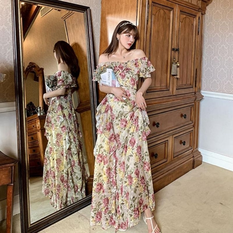 92282 Fashion maxi long dress dres longdress gaunpanjang bunga-bunga flower cantik manis gaya cewek 