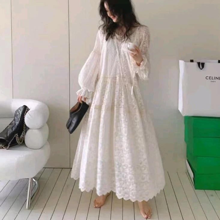 14019 (Set INNER) Baju mididress Lace BROKAT BABYDOLL Lengan panjang baloon vneck putih polos Korea 
