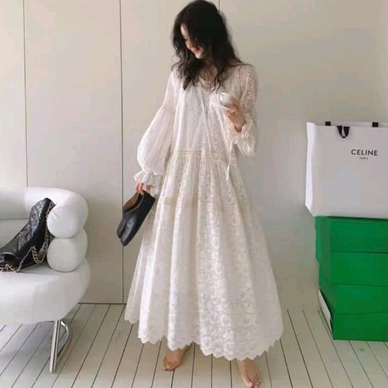 14019 (Set INNER) Baju mididress Lace brokat BABYDOLL DRESS lengan panjang baloon putih polos Midi d