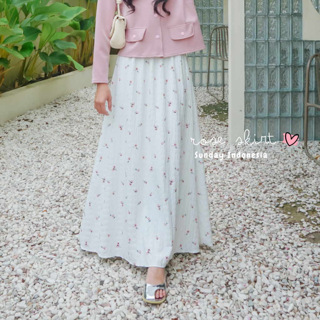	 NEW!! ROSE - Rok Flowie Panjang - Rok Korea Texture - Rok A Line Korean Style - Korean Skirt - Rok Putih Premium Sunday Indonesia	