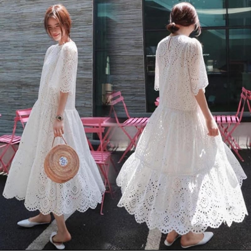 14017 (Set DRES INNER) Baju maxidress longdress LACE BROKAT KATBOL EMBROIDERED Maxi dress putih cewe