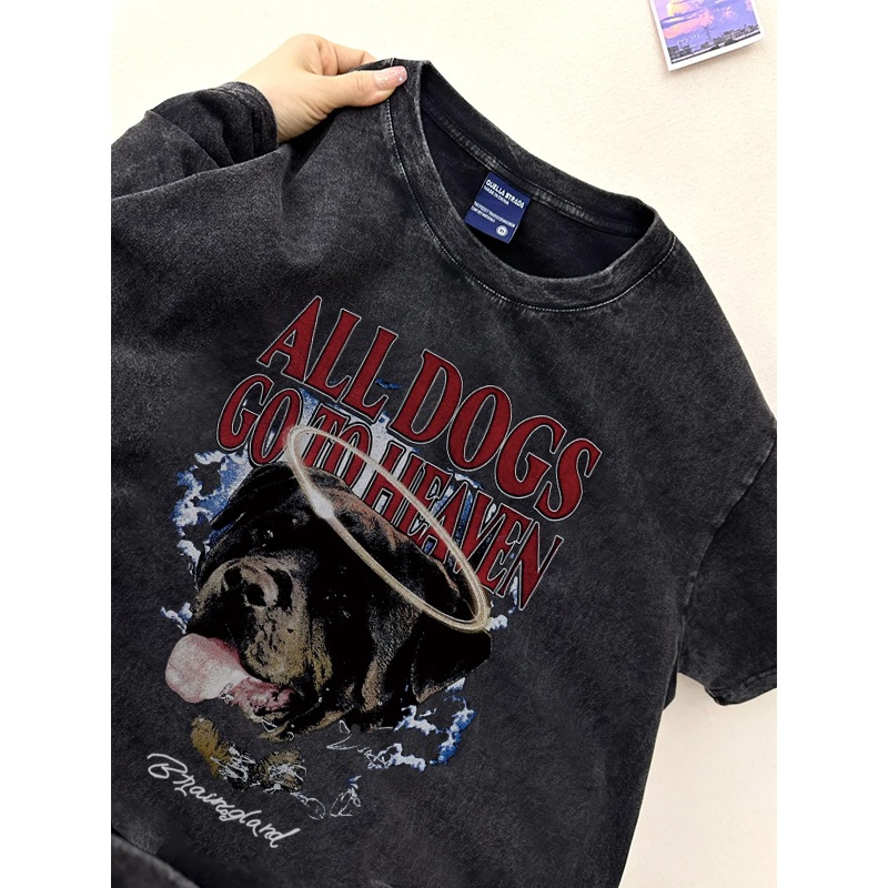 Fastfash Kaos Wanita Oversize ALL DOGS GO TO HEAVEN Baju Kaos Retro Style t-shirt Washed Hitam