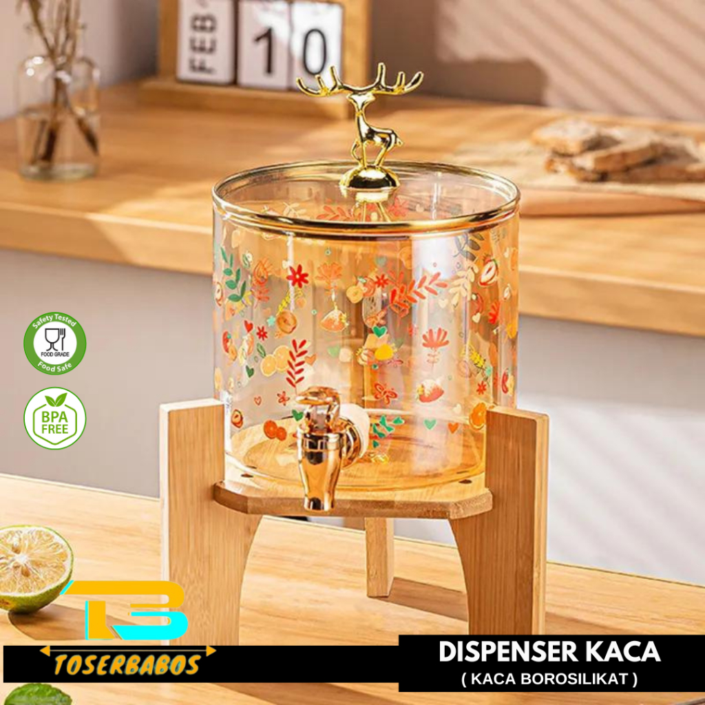 Dispenser Air Minum Kaca Mewah imut dan cantik dengan Kran Emas & Tutup Rusa/Dispenser Estetik