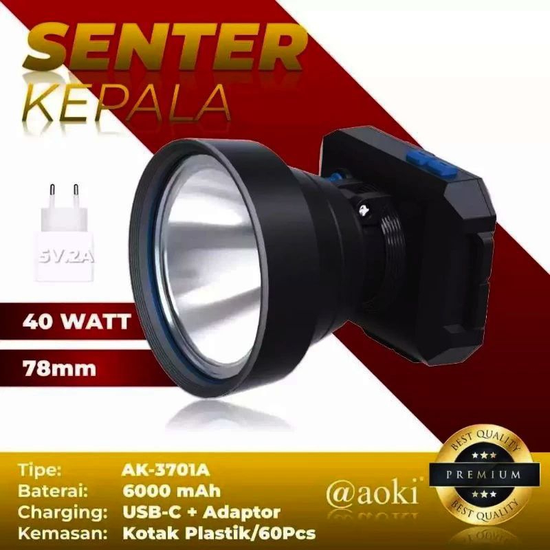 Senter Kepala Aoki AK-3701A /Head Lamp Aoki Cahaya Putih 40Watt