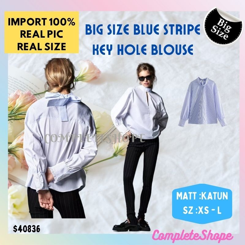 BAJU ATASAN  KEMEJA KATUN  WANITA JUMBO BIGSIZE  BIRU STRIPE KEYHOLE  LENGAN PANJANG  MUSLIMAH KEMEJ