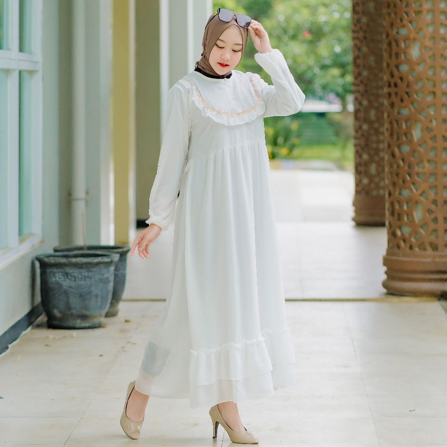 Gamis Ceruty Babydoll Renda Full Furing Gamis Putih Jumbo Serut Dada Busui Premium gamis syari