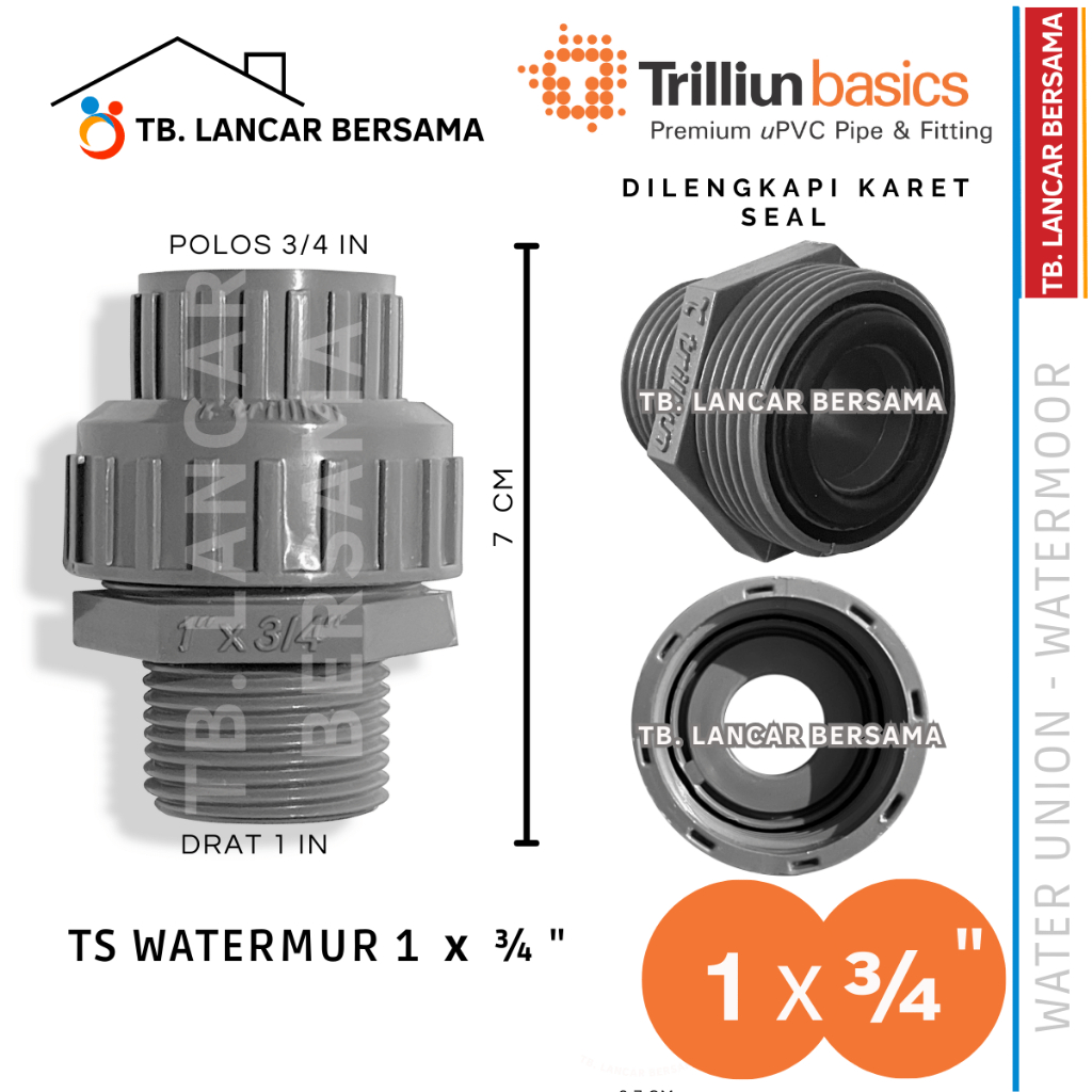 WATERMUR 1 x 3/4 INCHI TRILLIUN TS - WATER UNION VALVE SOCKET FITTING PVC