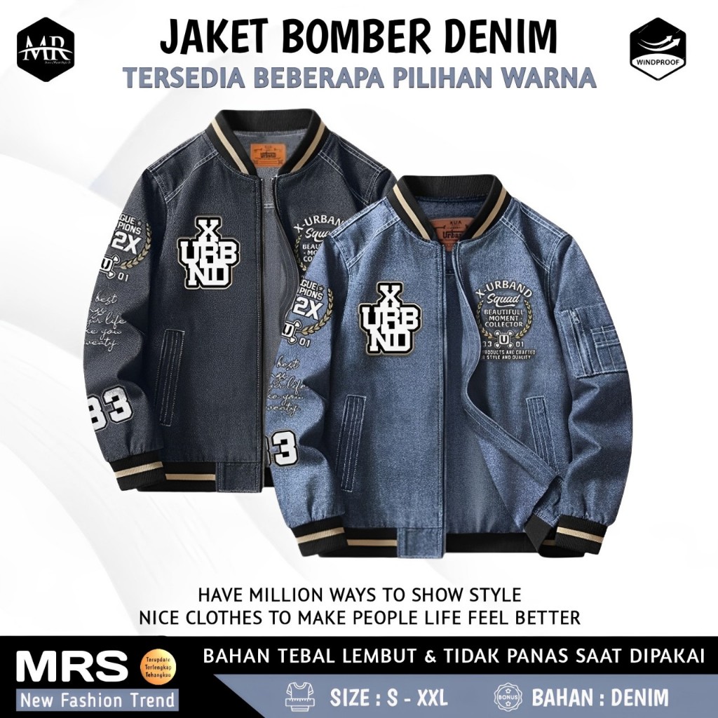 Jaket Bomber Denim Unisex Vintage Authentic Full Bordir Outerwear Casual Elgean New Trendy - E011