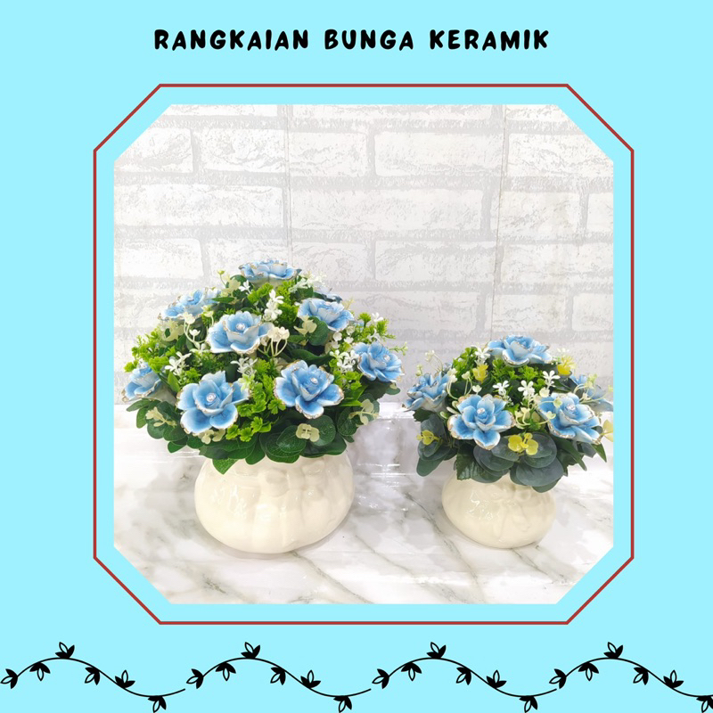 Rangkaian Bunga Keramik Biru Muda untuk meja tamu