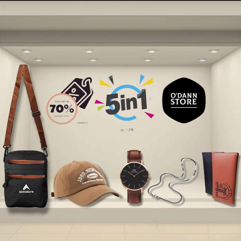 PAKET TERBARU 5IN1 AUTO KEREN- TAS SELEMPANG MINI YOPI TRUCKER JAM DW KULIT KALUNG TITANIUM DOMPET P