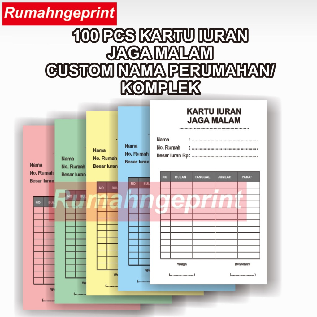 

100pcs Kartu Iuran JAGA MALAM CUSTOM NAMA KOMPLEK / PERUMAHAN