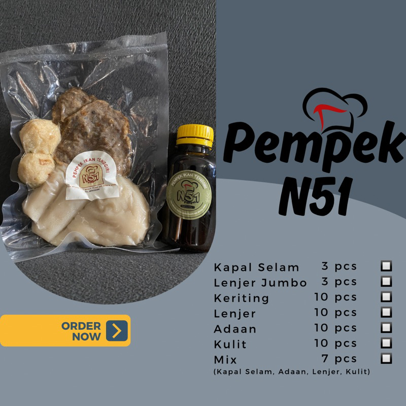 

pempek campur 1 Selam, 2 Lenjer, 2 Kulit, 2 Adaan + Cuko
