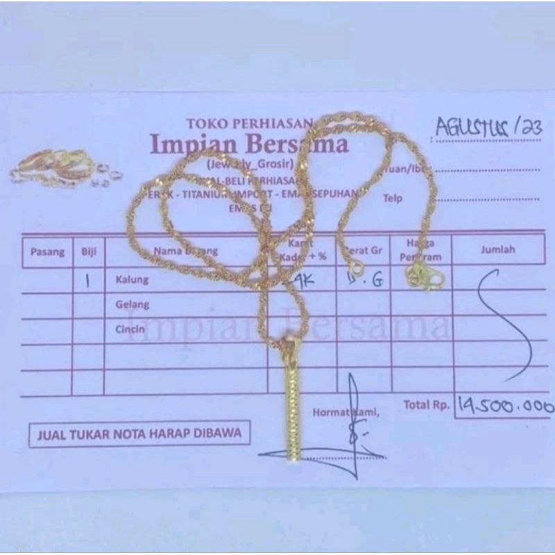 Import Terlaris Perhiasan 24k kalung liontin emas 15 gram surat dan nota tertera