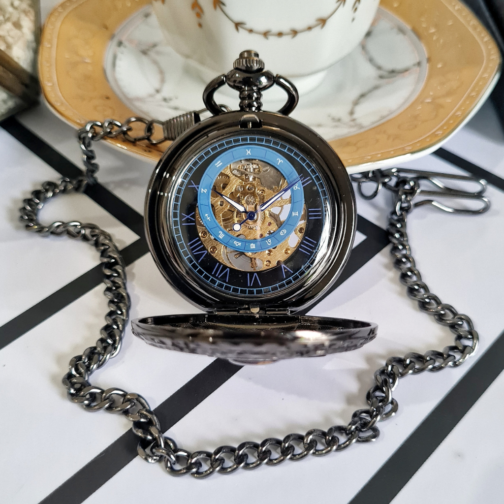 POCKET WATCH Protect Jam Saku Kantong Half Hunter Automatic Otomatis Mechanical Mekanik Skeleton Tan