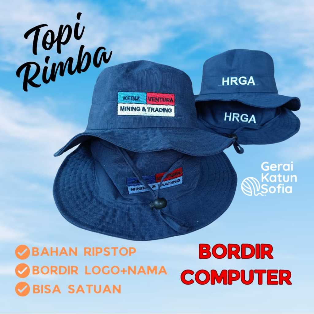 TOPI RIMBA Bordir Computer LOGO & NAMA Design Suka-Suka Topi Jungle Gunung Outdoor