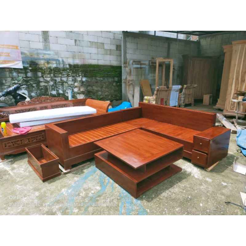 kursi sudut box kayu jati minimalis / set kursi tamu box sudut jati