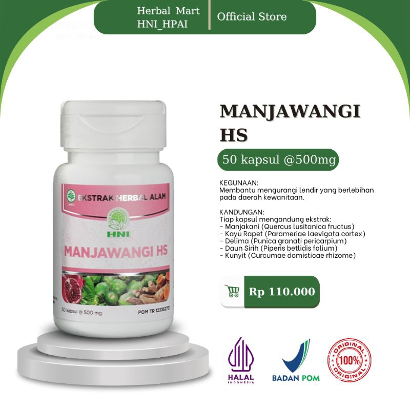 Herbal Mart _ HNI.HPAI (100% Produk Original) Manjawangi HS HNI_HPAI onat herbal isi 50 kapsul Membantu mengurangi lendir yang berlebihan pada daerah kewanitaan.