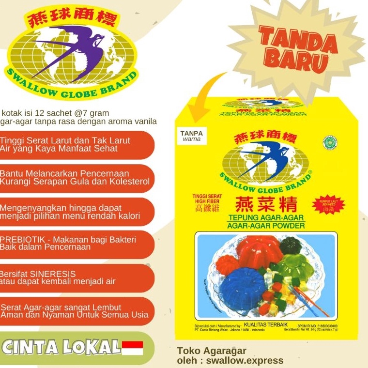 

PQF172 D2289 SWALLOW GLOBE BRAND Tepung Agaragar Best Quality 7 gr x 12 Sachet