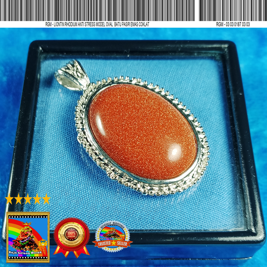 Liontin Rhodium anti stress model oval Batu Pasir Emas Coklat