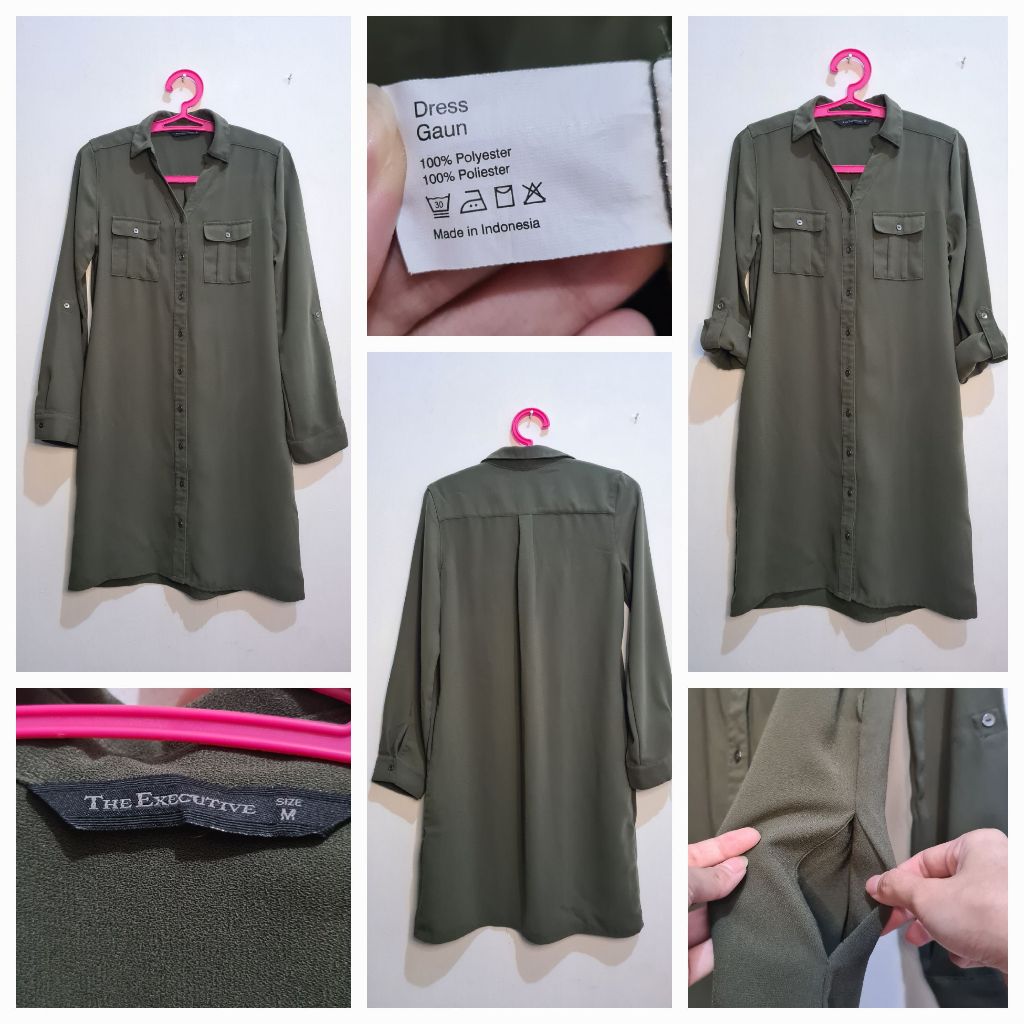 The Executive Green Midi Dress Gaun Medium Hijau Army Pakaian Wanita