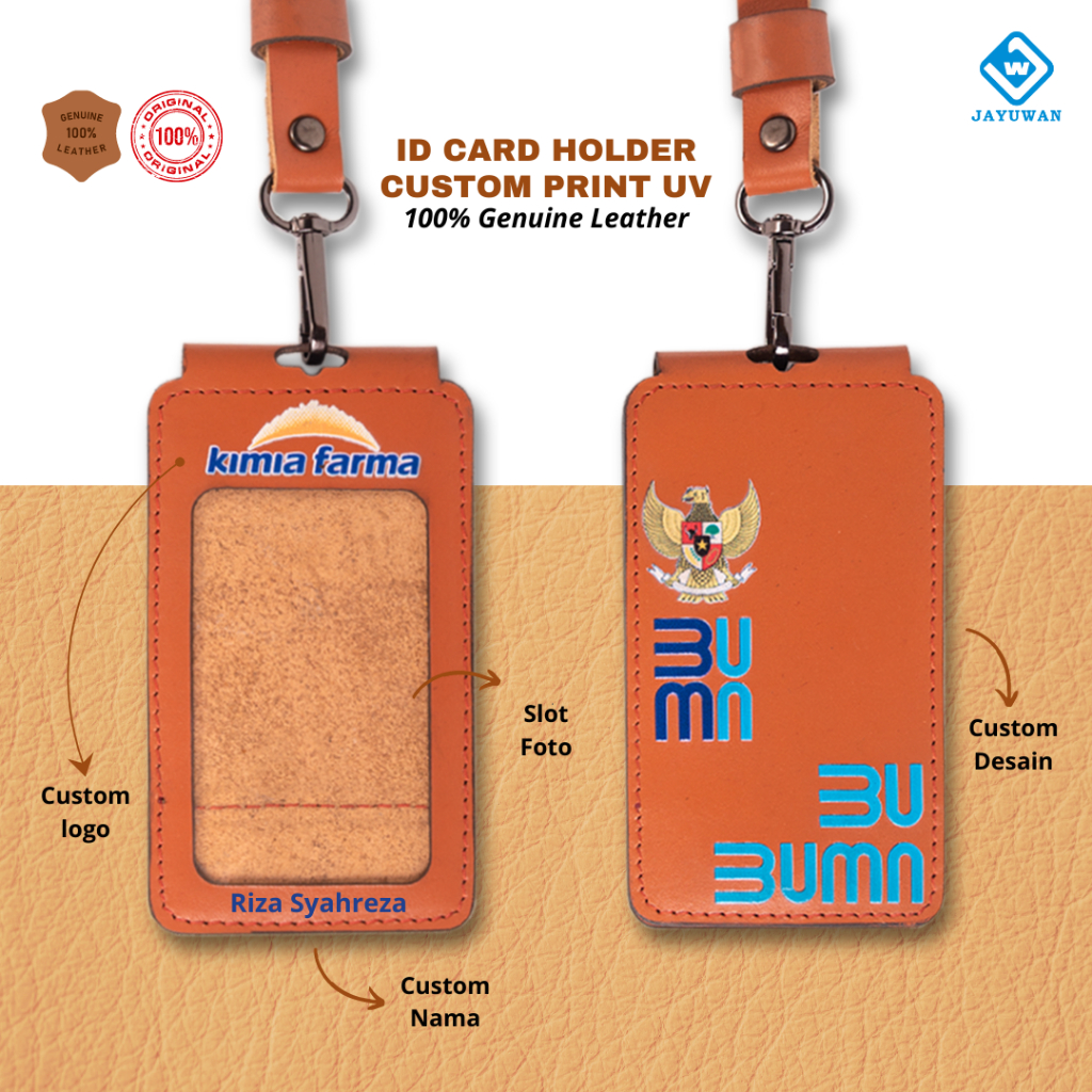 

JAYUWAN KREATIF - ID Card Holder Lanyard Print UV Kulit Asli Bisa Custom Nama Dan Logo