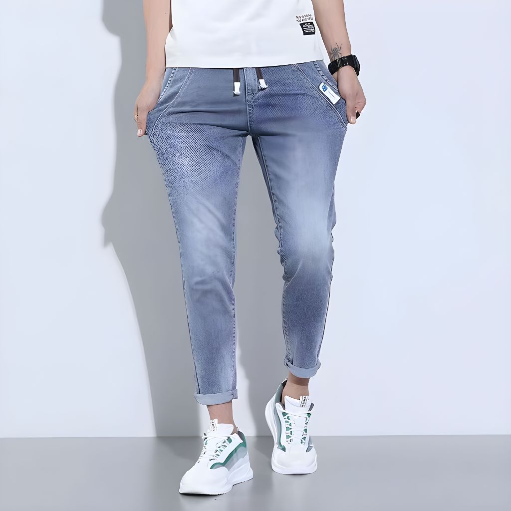 Celana jeans pria panjang karet korean style slimfit stretch biru muda pensil original cowok dewasa 