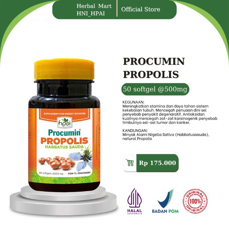 Herbal Mart _ HNI.HPAI (100% Produk Original) Procumin Propolis HNI_HPAI isi 50 softgel untuk Meningkatkan stamina dan daya tahan sistem kekebalan tubuh. Mencegah penuaan dini sel penyebab penyakit degenaratif.