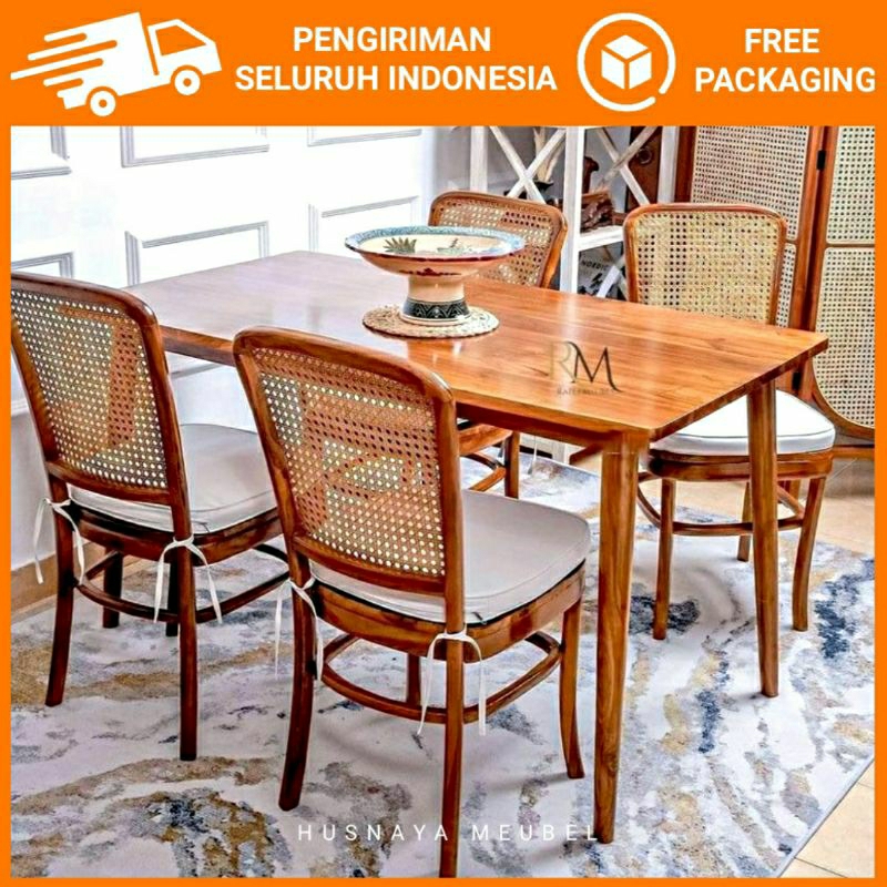 MEJA MAKAN JATI 4 KURSI ROTAN / MEJA MAKAN JATI ROTAN 4 KURSI / MEJA JATI KURSI ROTAN