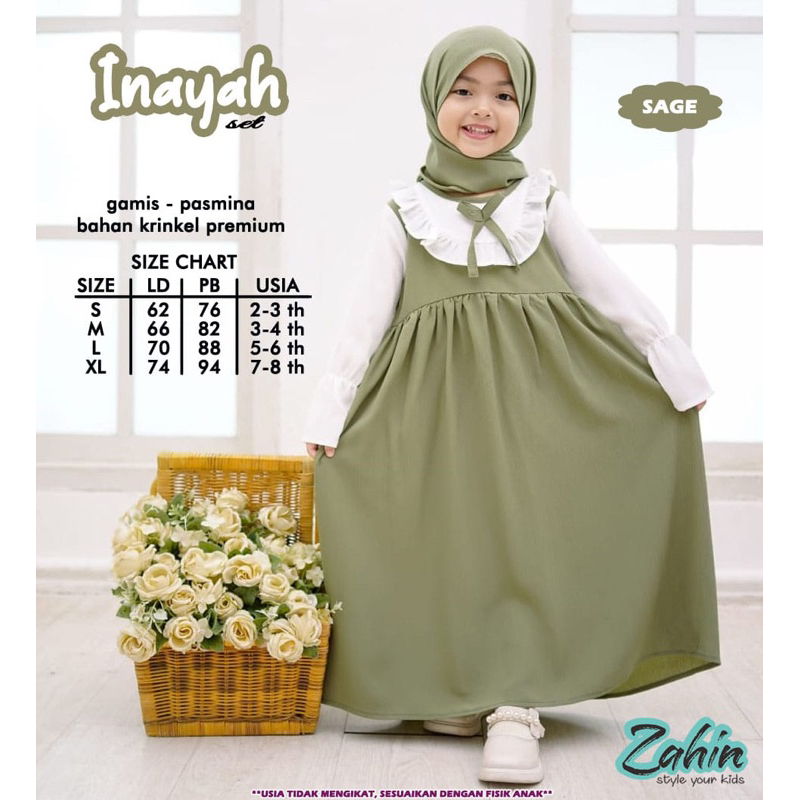 Zahin gamis anak inayah set pashmina | crinkle usia 2-8 tahun tergantung postur anak