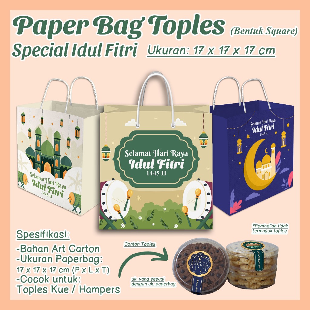 

PAPER BAG PAPERBAG CUSTOM BENTUK SQUARE UKURAN 17 X 17 CM - Paperbag Toples Tema Lebaran / Idul Fitri - Kode PBT