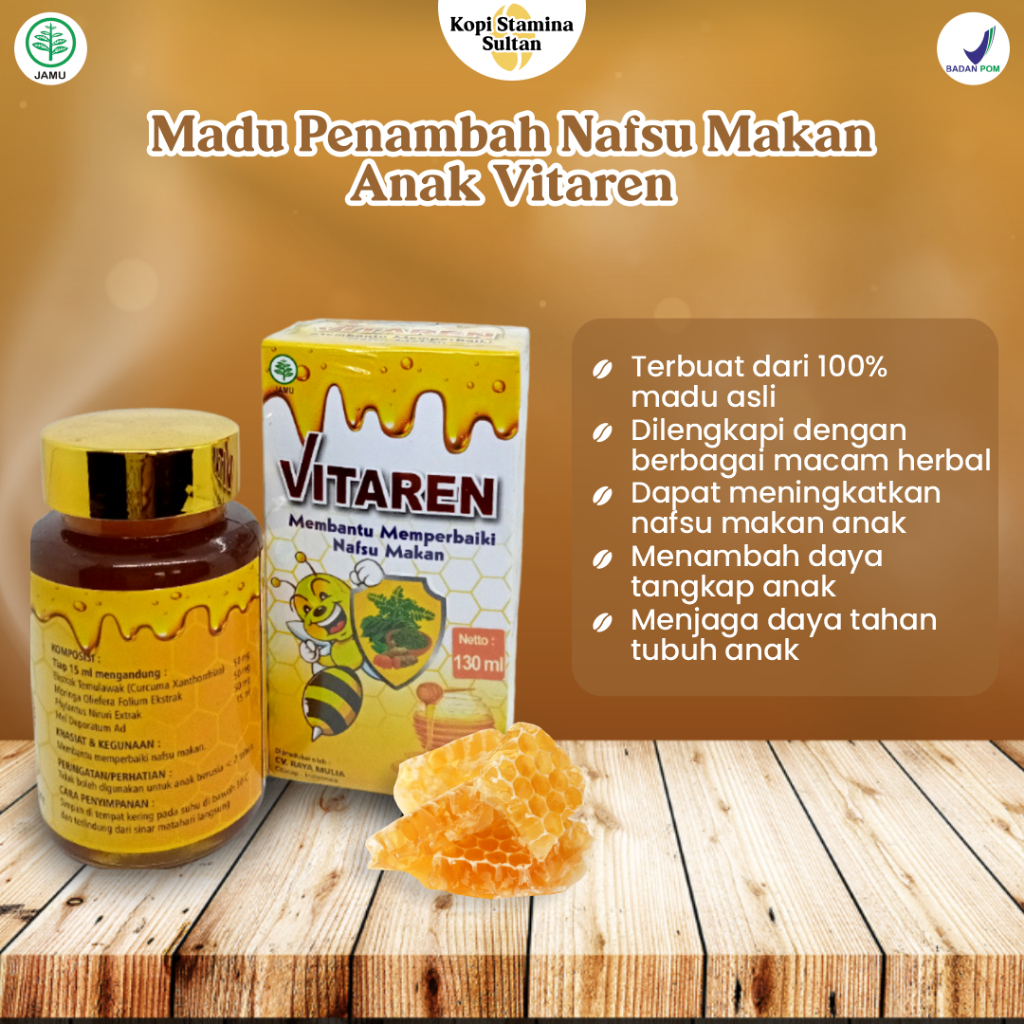 

Madu Asli Murni 100% Penambah Nafsu Makan Anak Obat Herbal Vitaren Suplemen Makanan Anak