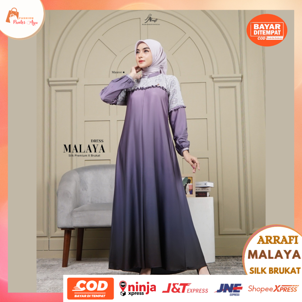 Gamis Dress Lebaran Kondangan Ar Rafi Malaya Dress Terbaru 2024 Kekinian Silk Premium x Brukat Simpel Mewah Eleganby Arrafi Hijab