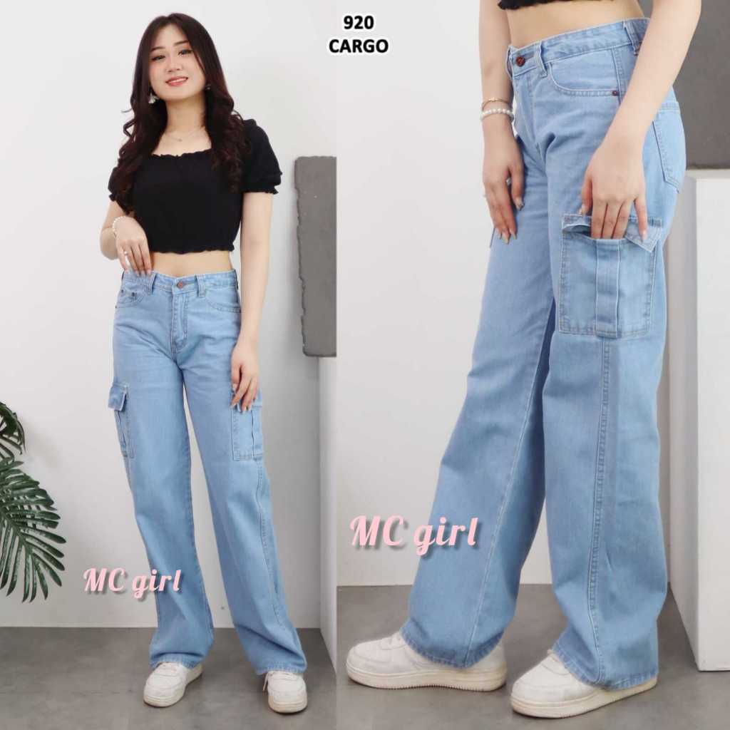 MC girl - Celana Jeans Kulot Cargo Kantong Samping Warna Biru Muda Wanita / Kulot Boyfriend Denim No