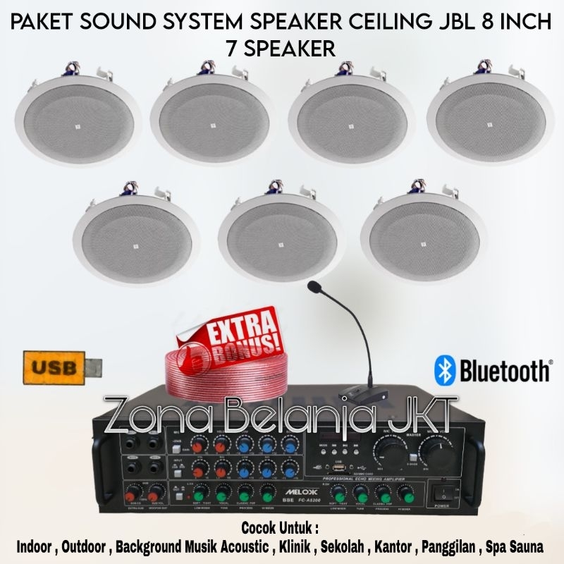 PAKET SOUND SYSTEM INDOOR CAFE KANTOR PANGGILAN SPEAKER JBL 8 INCH 7 SPEAKER AMPLIFIER USB BLUETOOTH