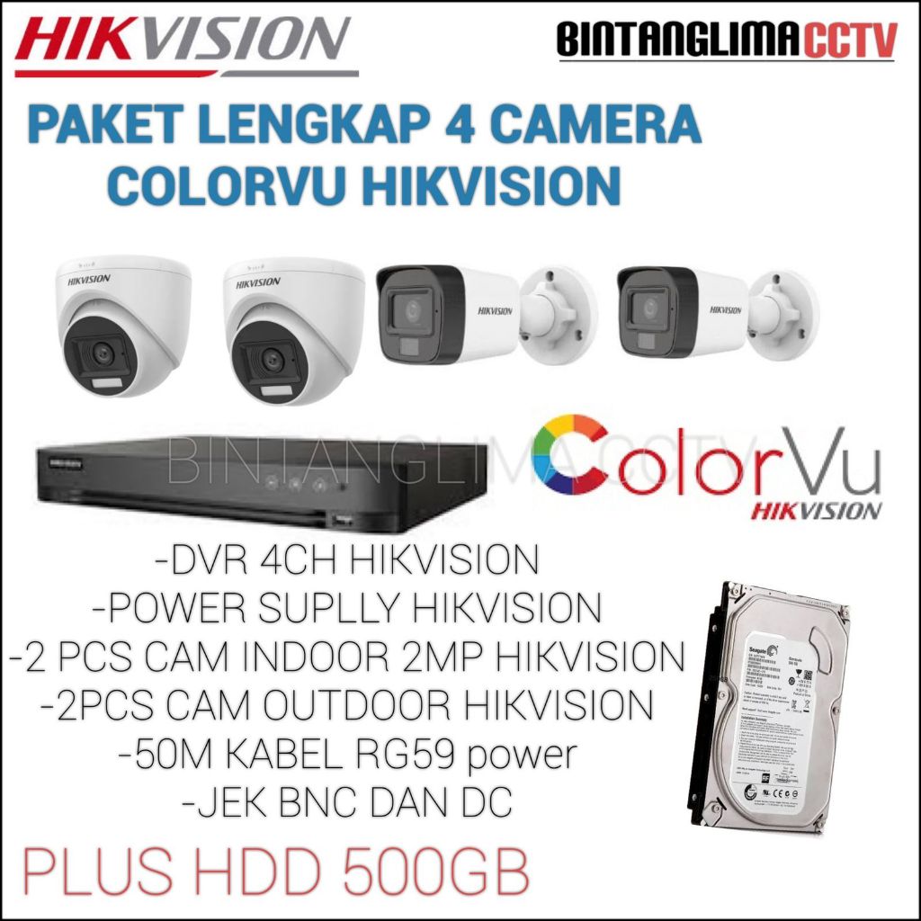 PAKET CCTV HIKVISION 2MP COLORVU 4 CAMERA KOMPLIT