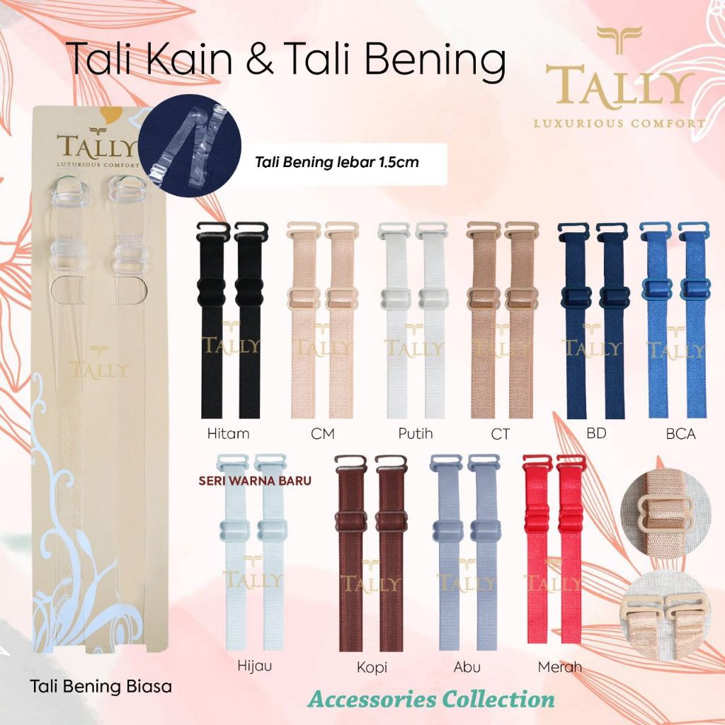 Tali Bra Bening Dan Kain Karet TALLY /Tali Bra Import Lebar 1 dan 1,5cm/Tali BraTransparan dan Warna
