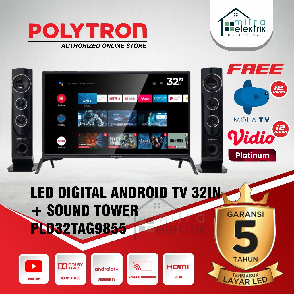 LED TV Polytron 32TAG9855 Android Digital Google TV Cinemax Tower Speaker