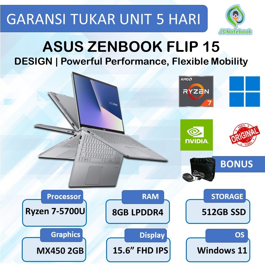 Asus Zenbook Flip 15 UM562 MX450 2GB Ryzen 7-5700u 8GB 512SSD Touch