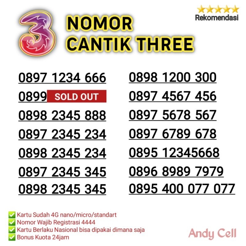 nomor cantik three/nomor cantik tri 11 digit/nomer cantik tri/kartu tri