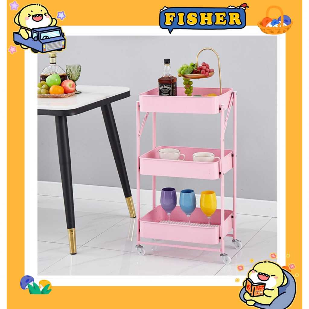 [FISHER] Rak besi lipat 3 tingkat trolley dorongan roda portable serbaguna