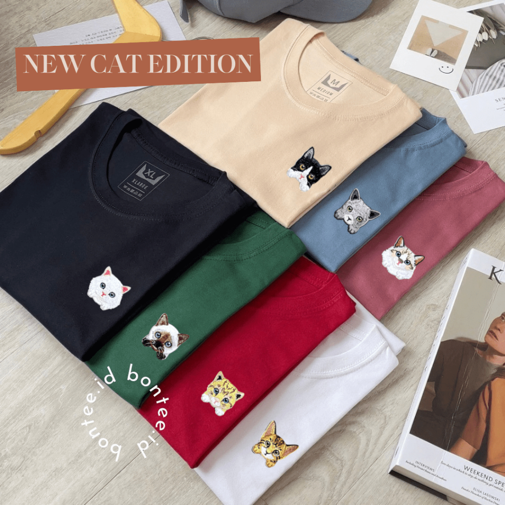 CAT EDITION - Baju Kaos Atasan Bordir Patch Motif Kucing Lucu Premium - Lengan Pendek Pria Wanita Un