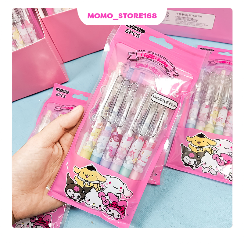 

(6PCS) Puplen gel sanrio motif hello kitty, pen gel kantor sekolah aesthetic tinta warna hitam ketebalan 0.5mm