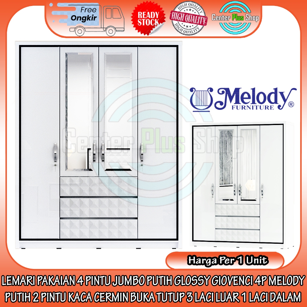 [KARGO] LEMARI PAKAIAN 4 PINTU JUMBO PUTIH GLOSSY GIOVENCI 4P MELODY PUTIH 2 PINTU KACA CERMIN BUKA 