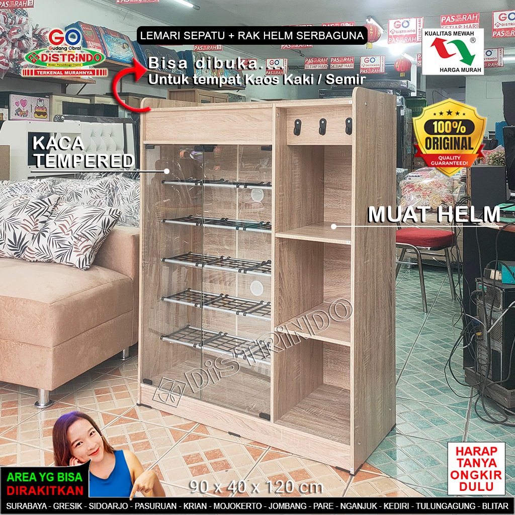 Distrindo - Lemari Rak Sepatu Pintu Kaca + Helm + Gantungan KUNCI Papan Tebal Kualitas Mewah