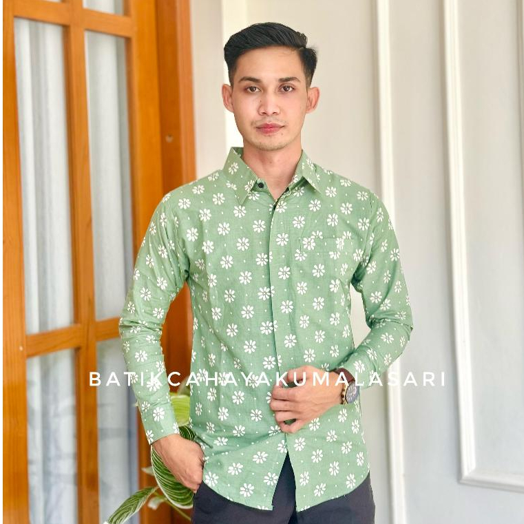 Kemeja Batik Pria Lapis Furing Truntum Hijau Sage - Atasan Batik Pria Kerja Hijau Sage