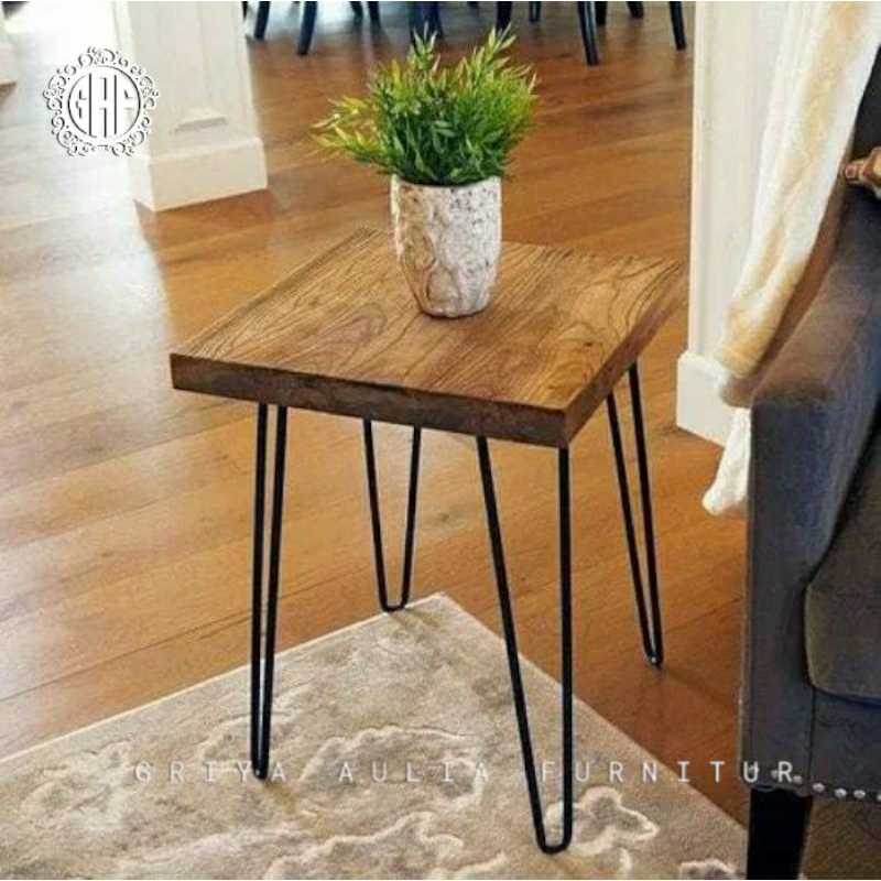 stool industrial jati /meja kecil /meja sudut kaki besi