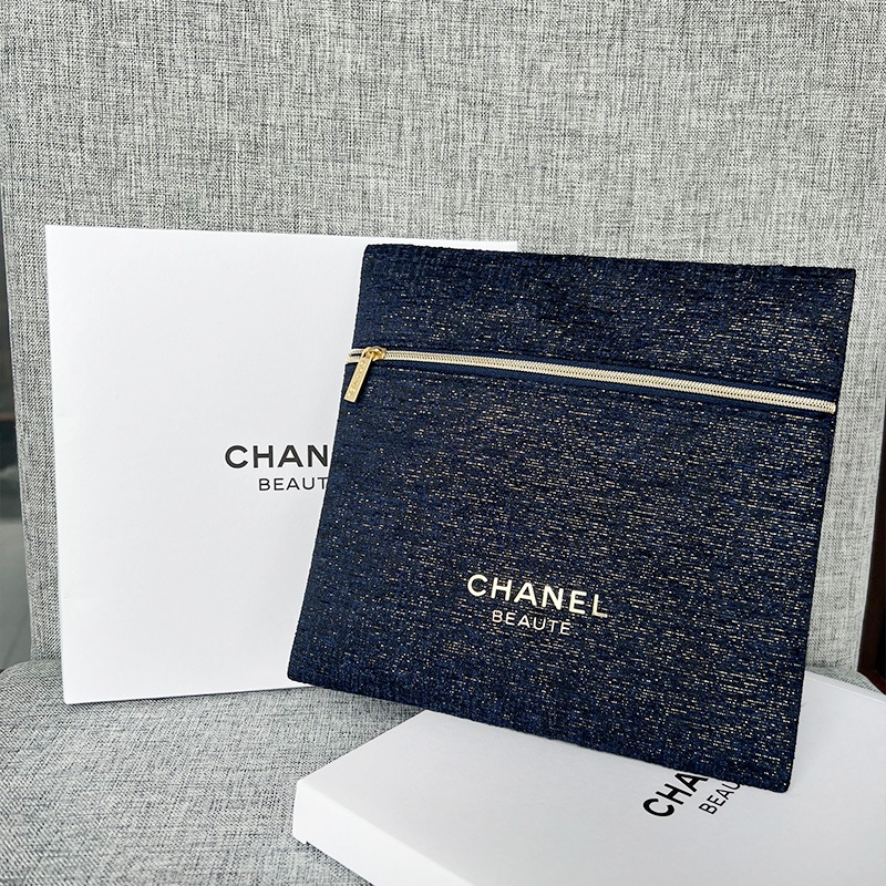 Pouch Make up Chanel Square Zipper Kosmetik Branded / Biru tua / Travel makeup pouch / Include box /