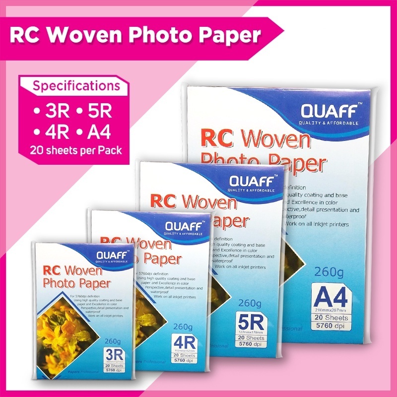 

QUAFF RC Woven Photo Paper 260 gsm A4 / 5R / 4R / 3R Size (20 Sheets Per Pack)